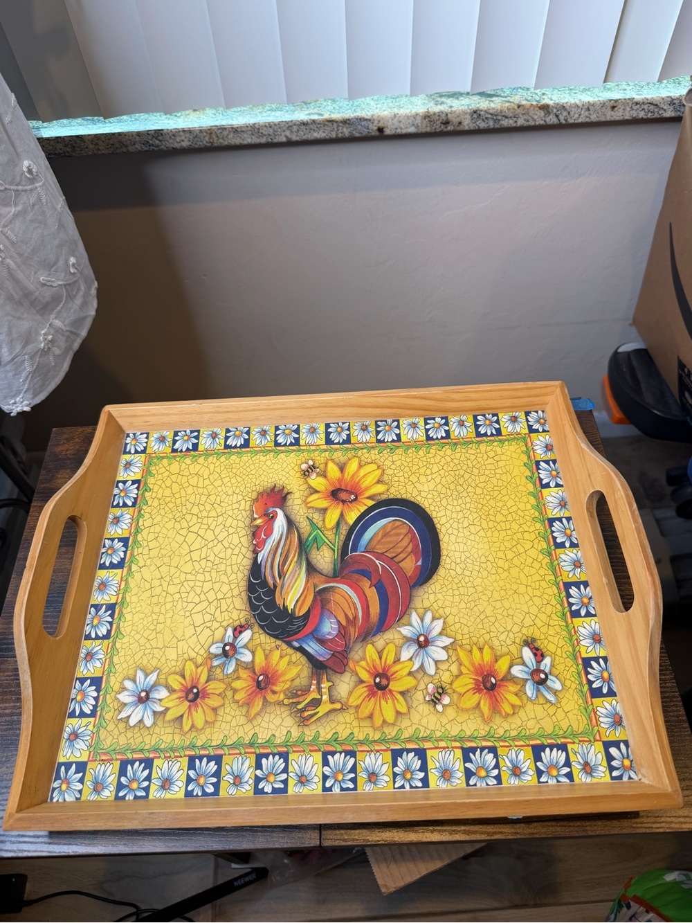 Vintage wooden serving tray vibrant hand-painted rooster sunflower motif 17x13